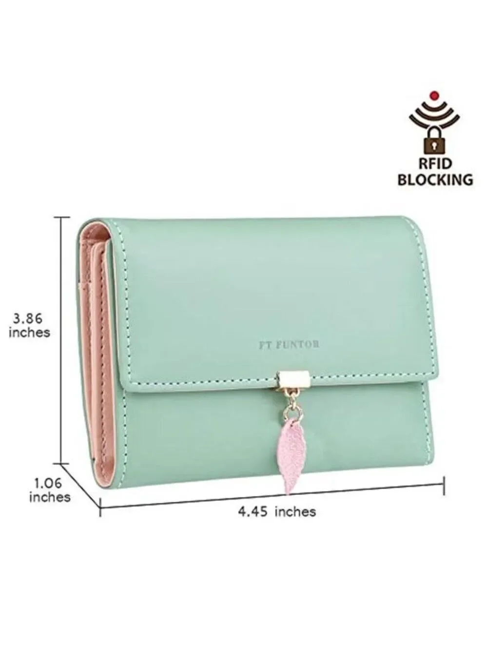 Leaf Trifold Wallet Light Blue RFID Zipper Pocket Ladies